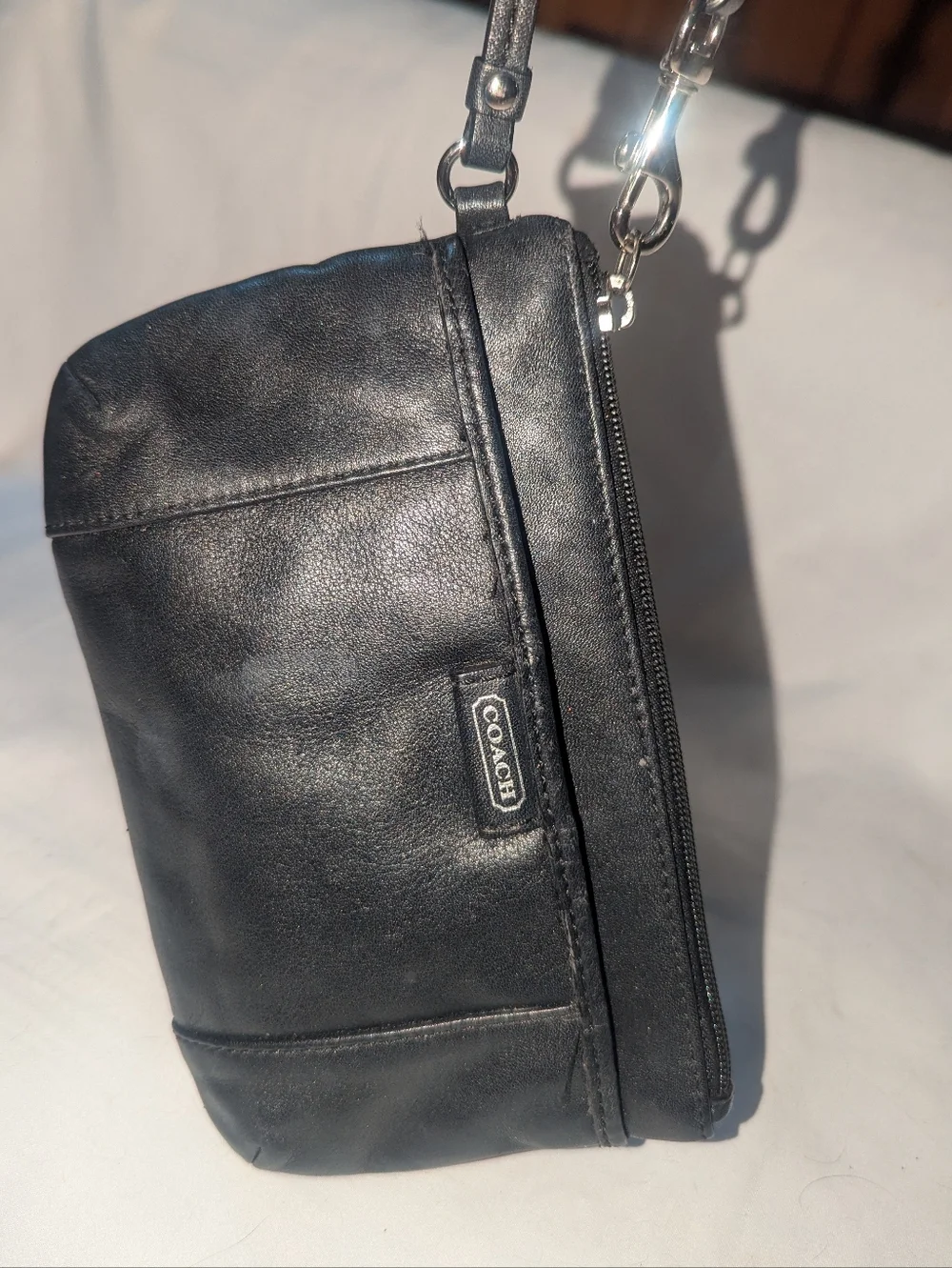 Coach Black Leather Wristlet Clutch with Logo Charm